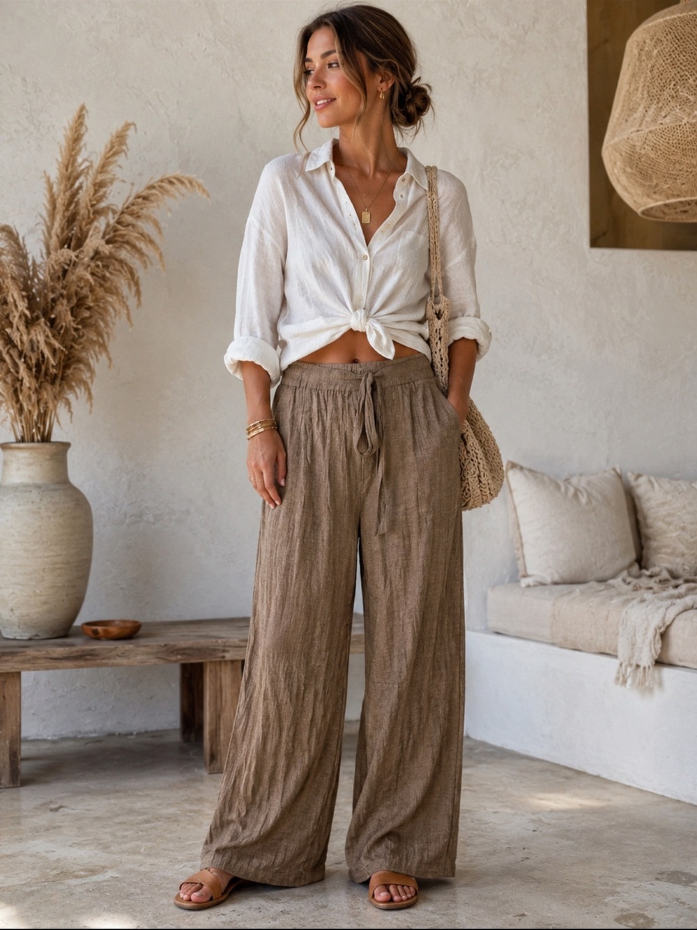 PrettyLittleThing Tan Wide Leg Vacation Pants US 12 Resort Boho - Picture 2 of 7